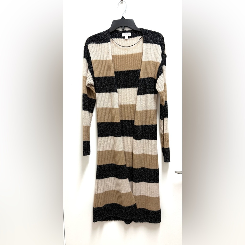 Morgan Taylor Striped Ribbed Open-Front Cardigan - Beige, Black, Cream
